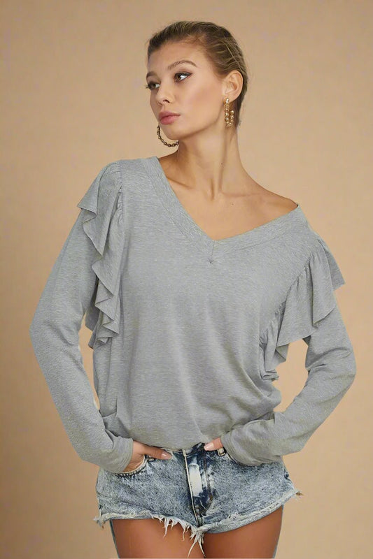 BiBi - Ruffle Shoulder V - Neck Long Sleeve Top – Heather Gray