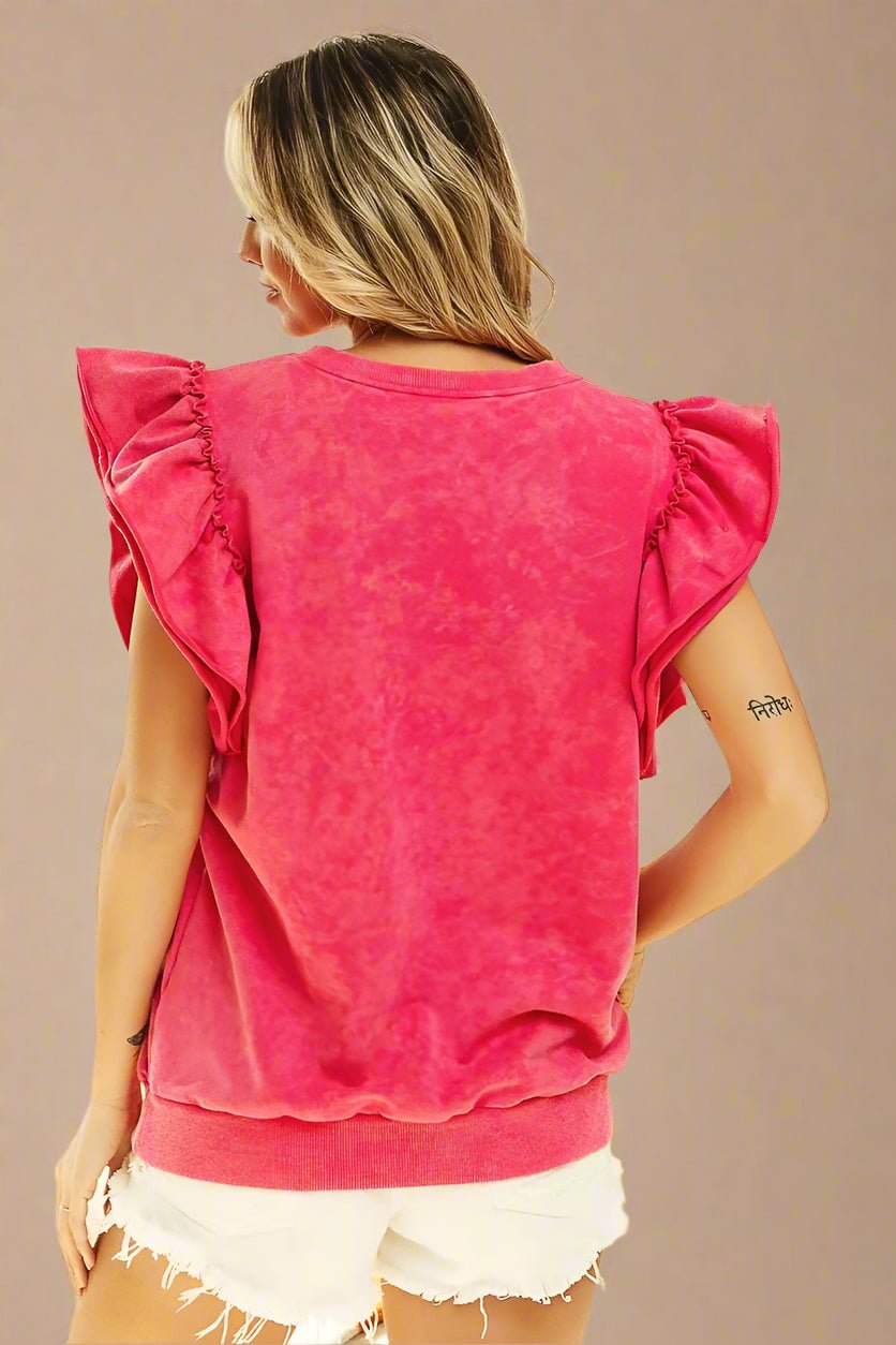 BiBi - Ruffle Sleeve Button Pullover – Neon Fuchsia Pink