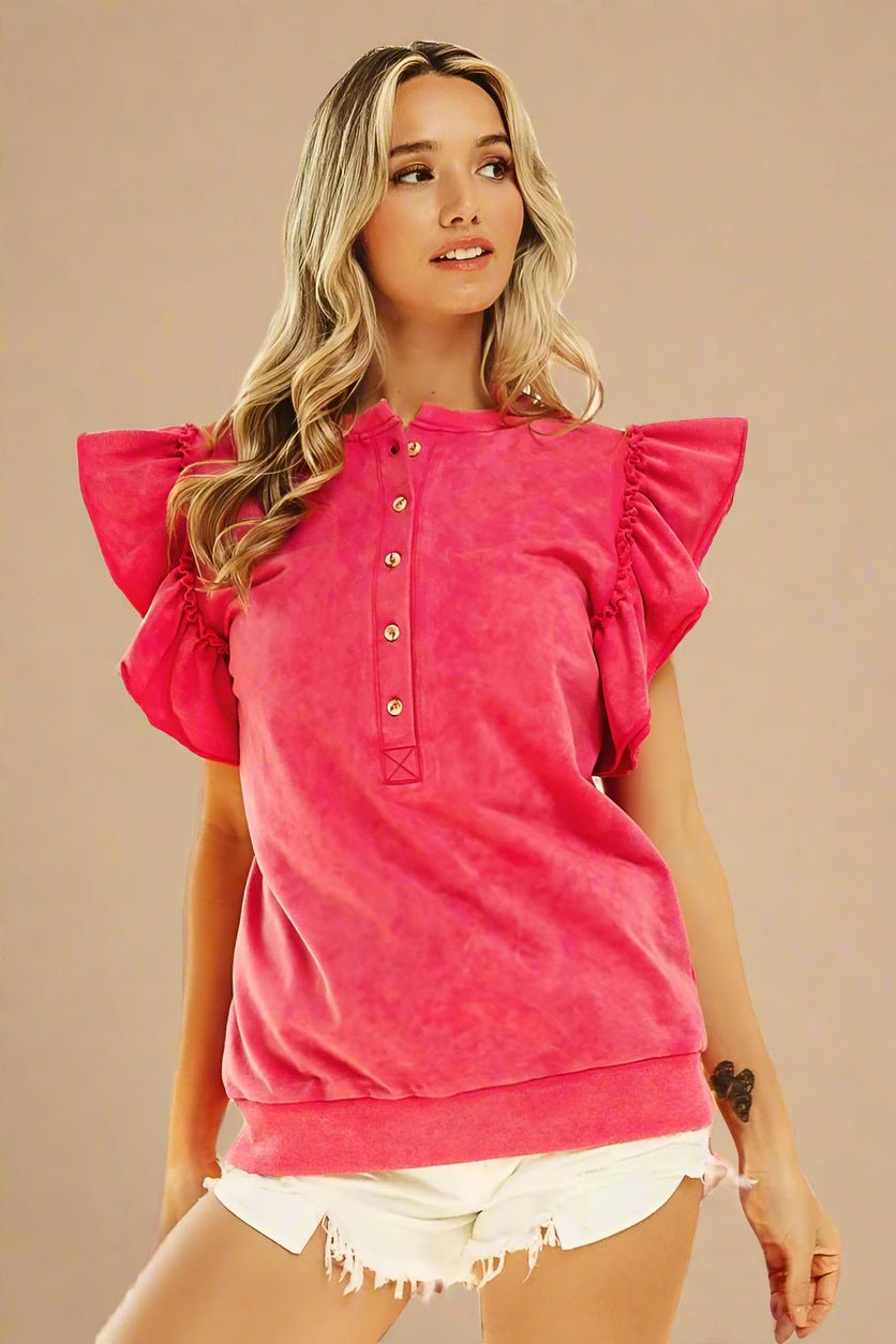 BiBi - Ruffle Sleeve Button Pullover – Neon Fuchsia Pink