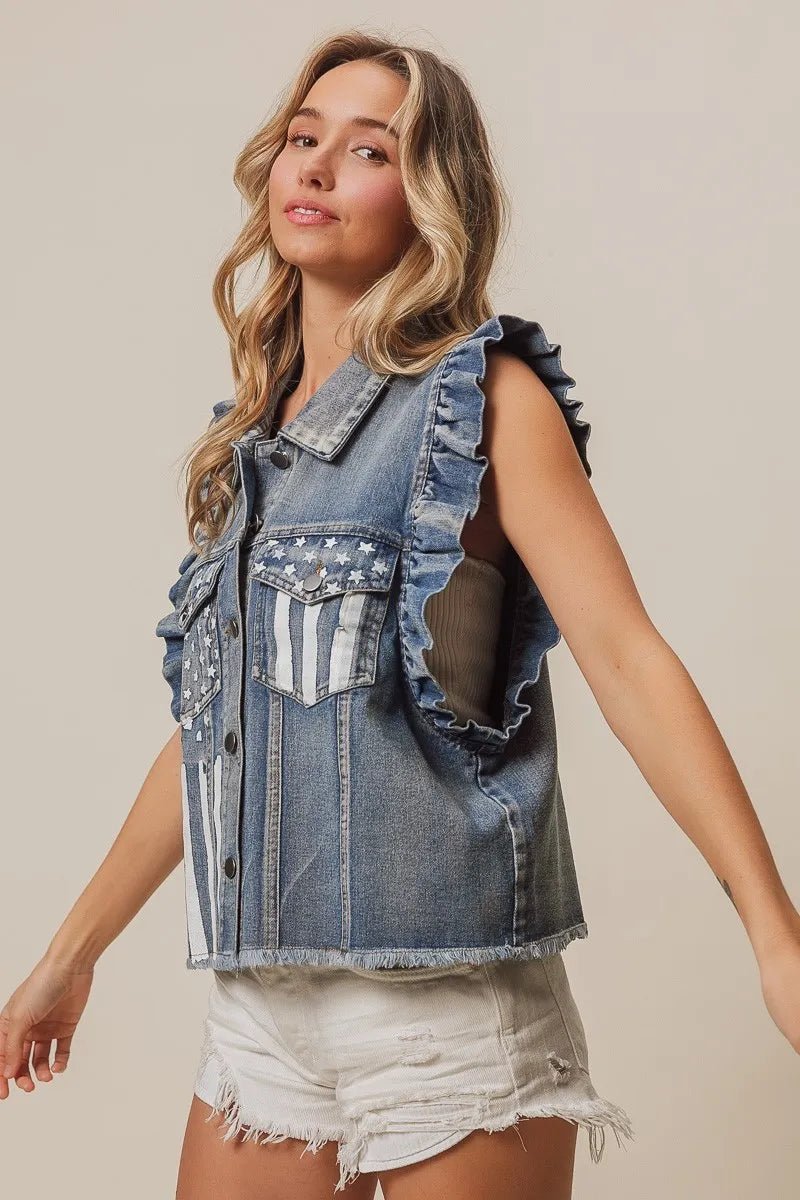 BiBi - Ruffle Sleeve Denim Vest – Americana Flag Print