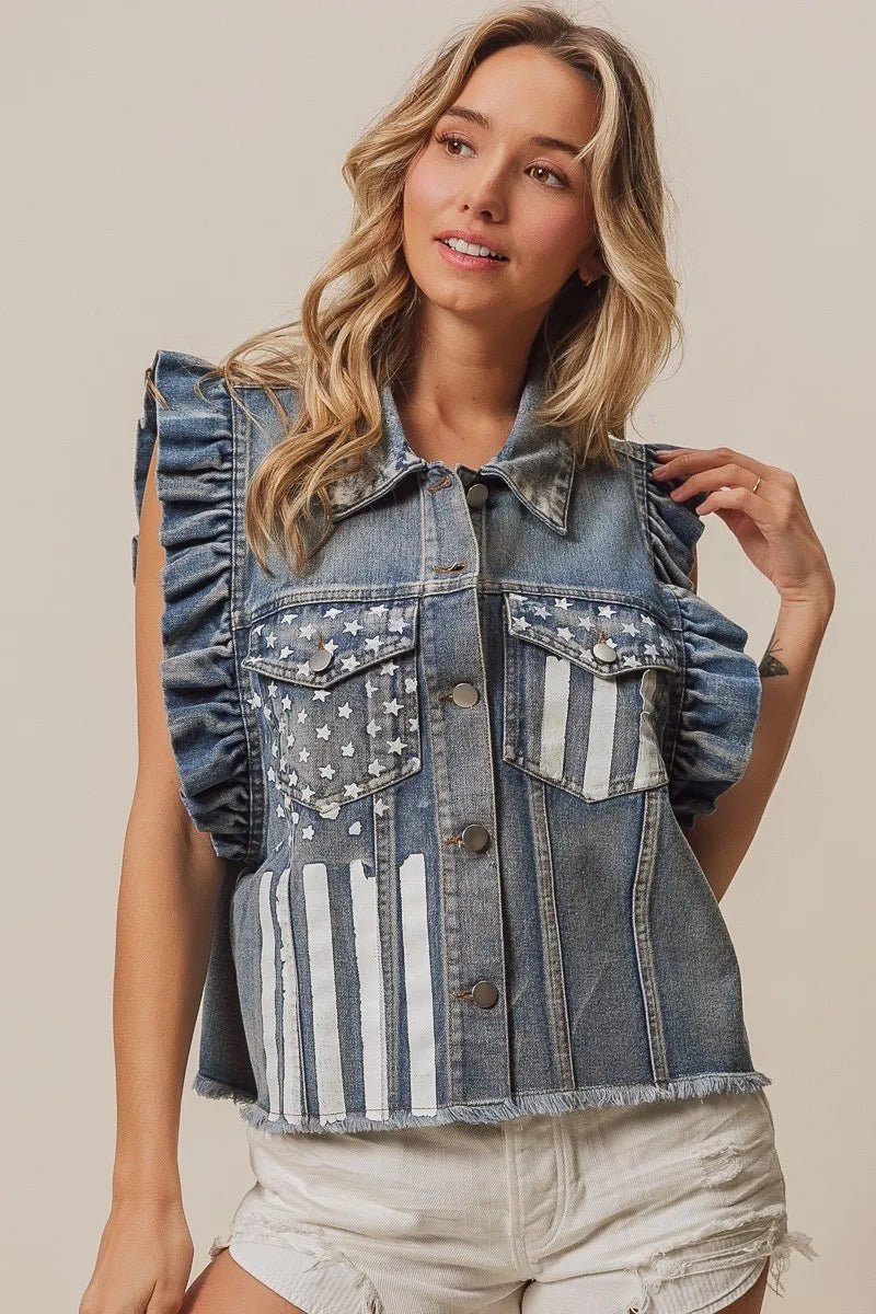 BiBi - Ruffle Sleeve Denim Vest – Americana Flag Print