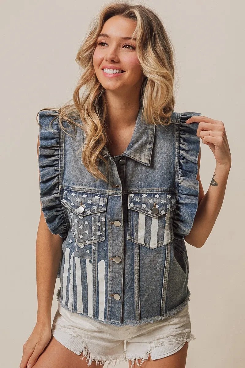 BiBi - Ruffle Sleeve Denim Vest – Americana Flag Print