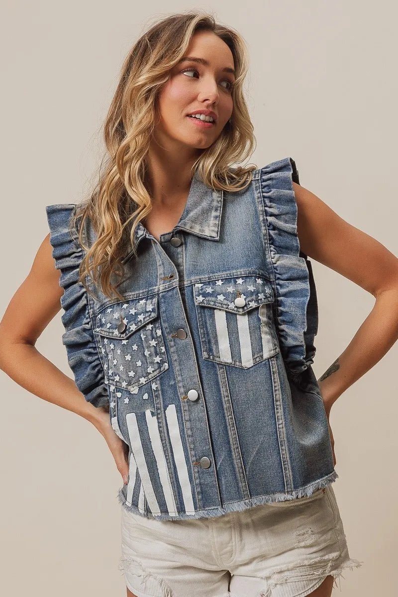 BiBi - Ruffle Sleeve Denim Vest – Americana Flag Print