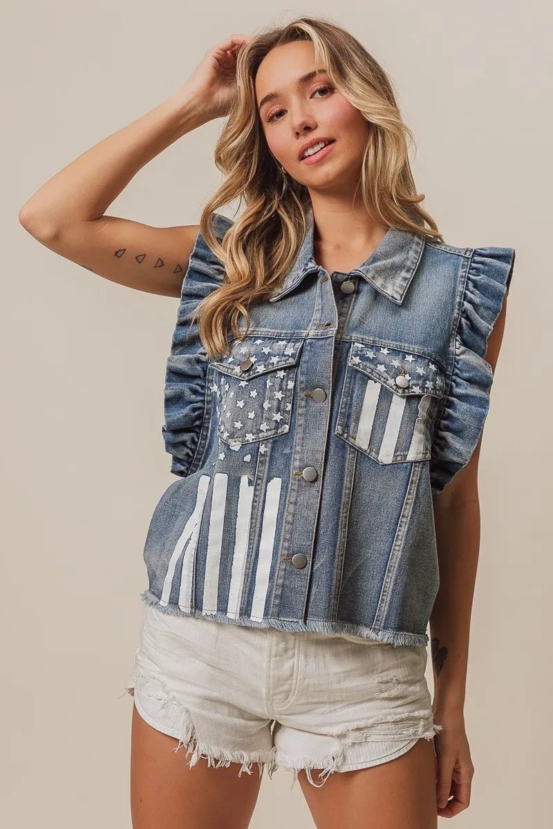 BiBi - Ruffle Sleeve Denim Vest – Americana Flag Print