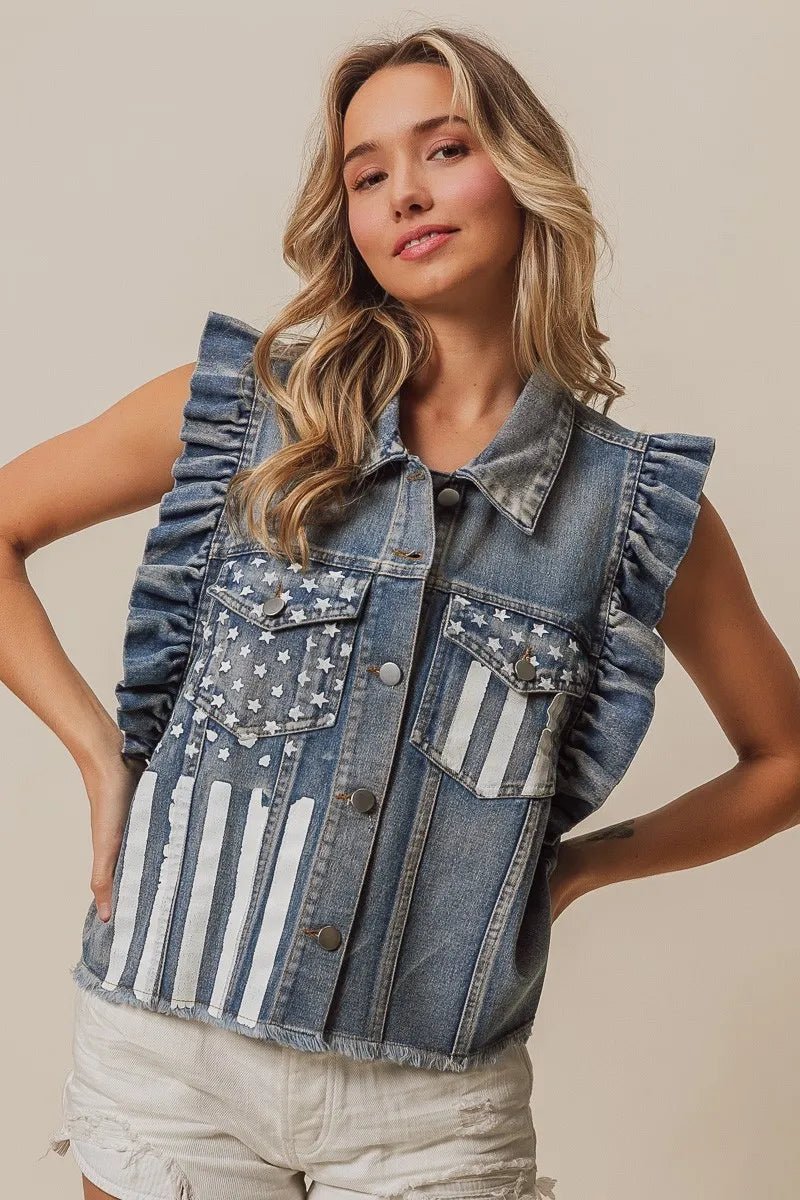 BiBi - Ruffle Sleeve Denim Vest – Americana Flag Print