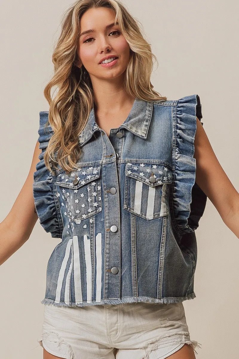 BiBi - Ruffle Sleeve Denim Vest – Americana Flag Print