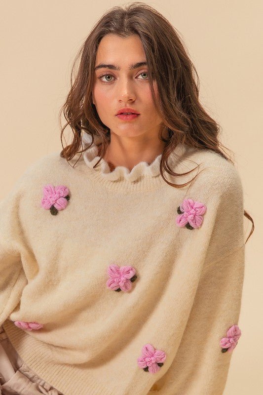 BiBi - Ruffle Trim Crocheted Flowers Sweater in Cream