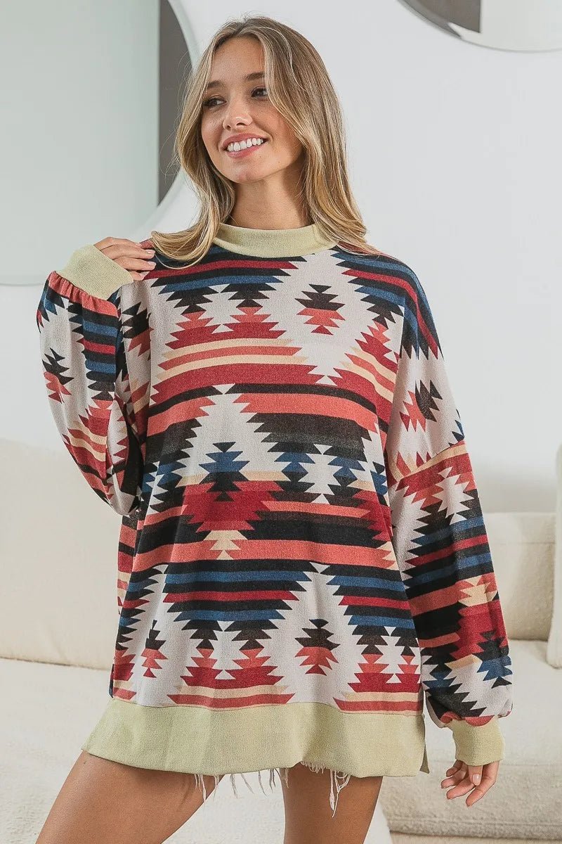 BiBi - Rust & Navy Southwest Print Long Sleeve Top