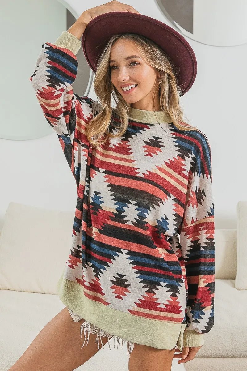 BiBi - Rust & Navy Southwest Print Long Sleeve Top