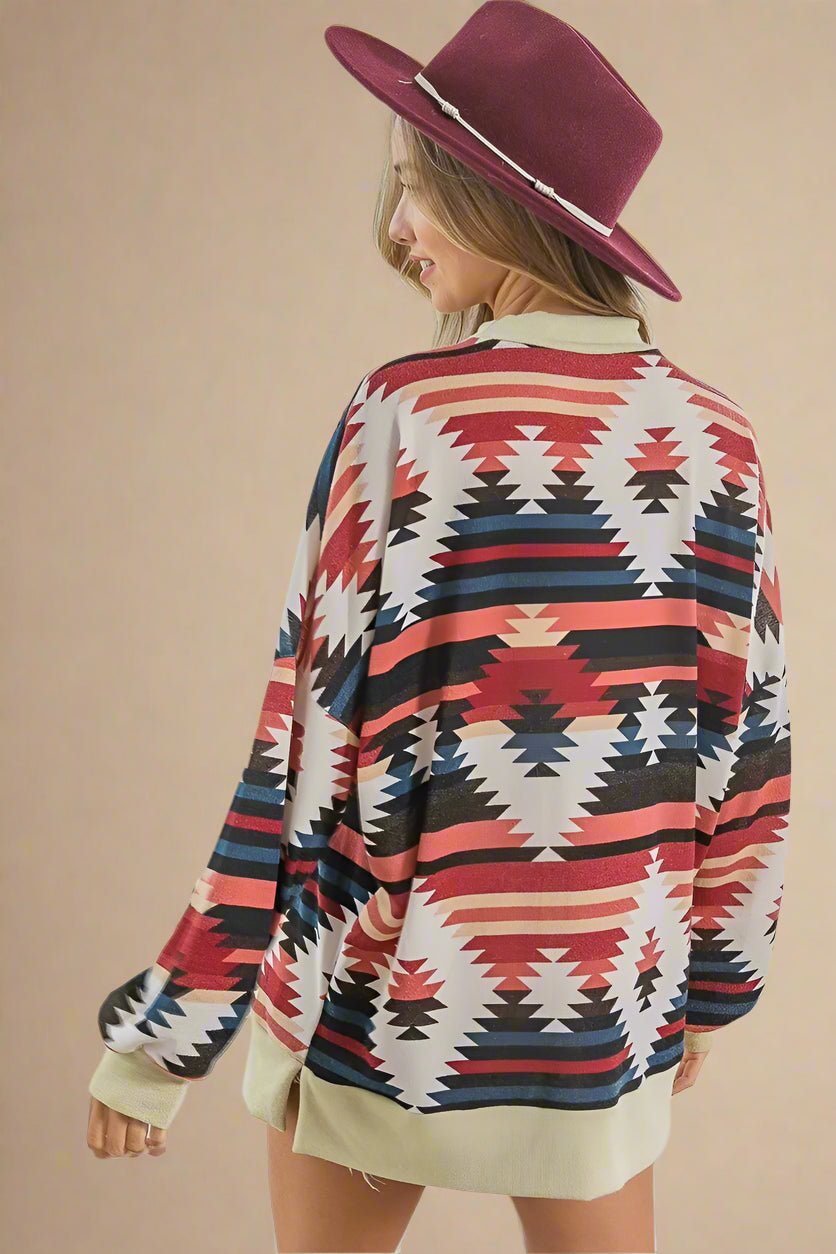 BiBi - Rust & Navy Southwest Print Long Sleeve Top