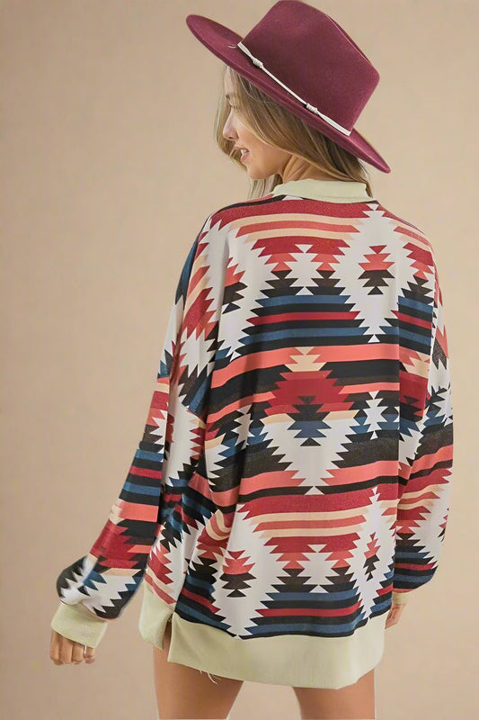 BiBi - Rust & Navy Southwest Print Long Sleeve Top
