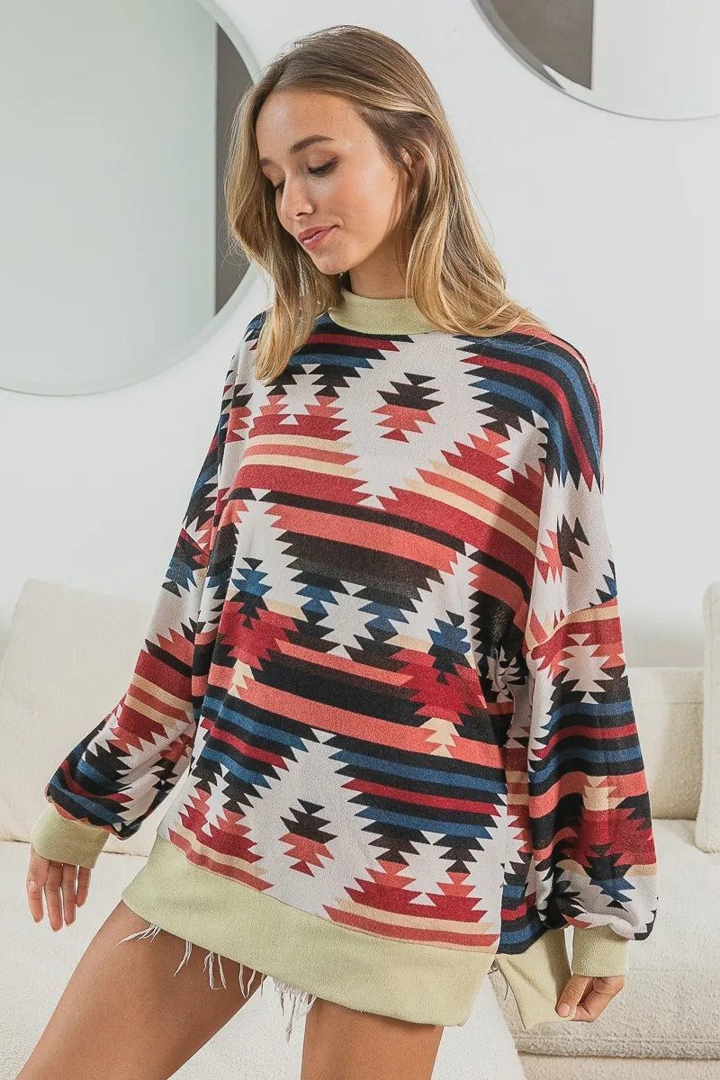 BiBi - Rust & Navy Southwest Print Long Sleeve Top