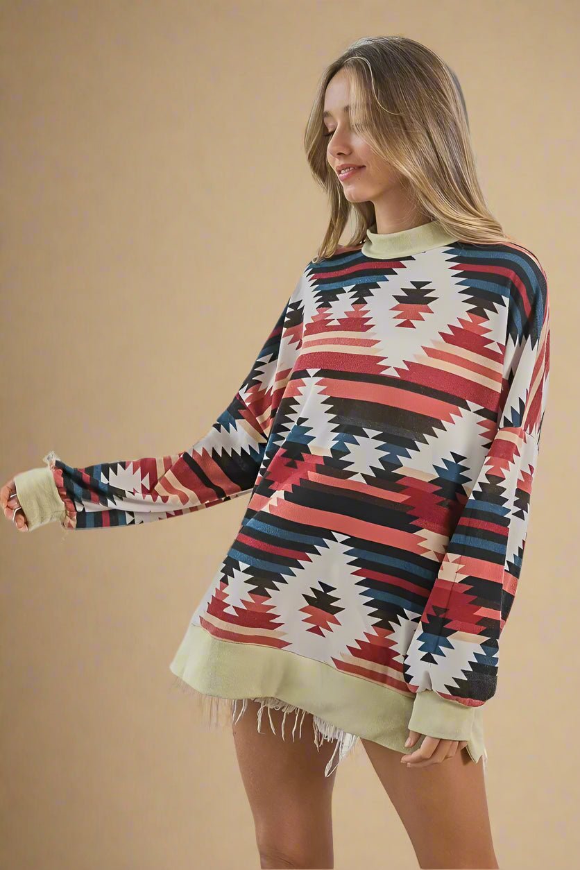 BiBi - Rust & Navy Southwest Print Long Sleeve Top