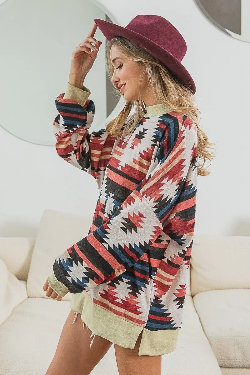BiBi - Rust & Navy Southwest Print Long Sleeve Top