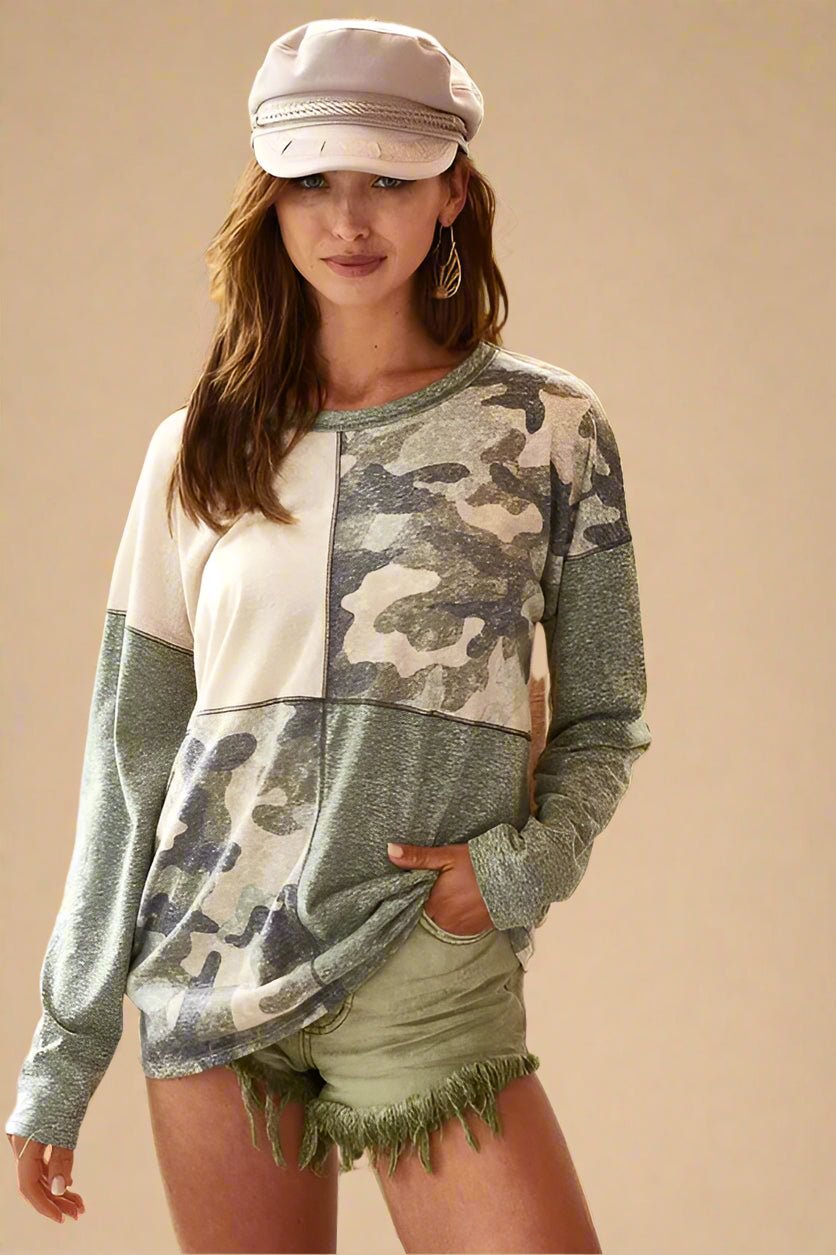 BiBi - Sage Camo Patchwork Long Sleeve Top