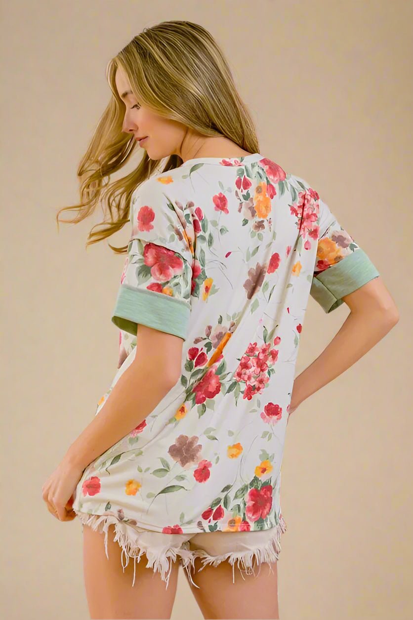 BiBi - Sage & Floral Patch Henley Tee