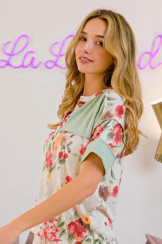 BiBi - Sage & Floral Patch Henley Tee