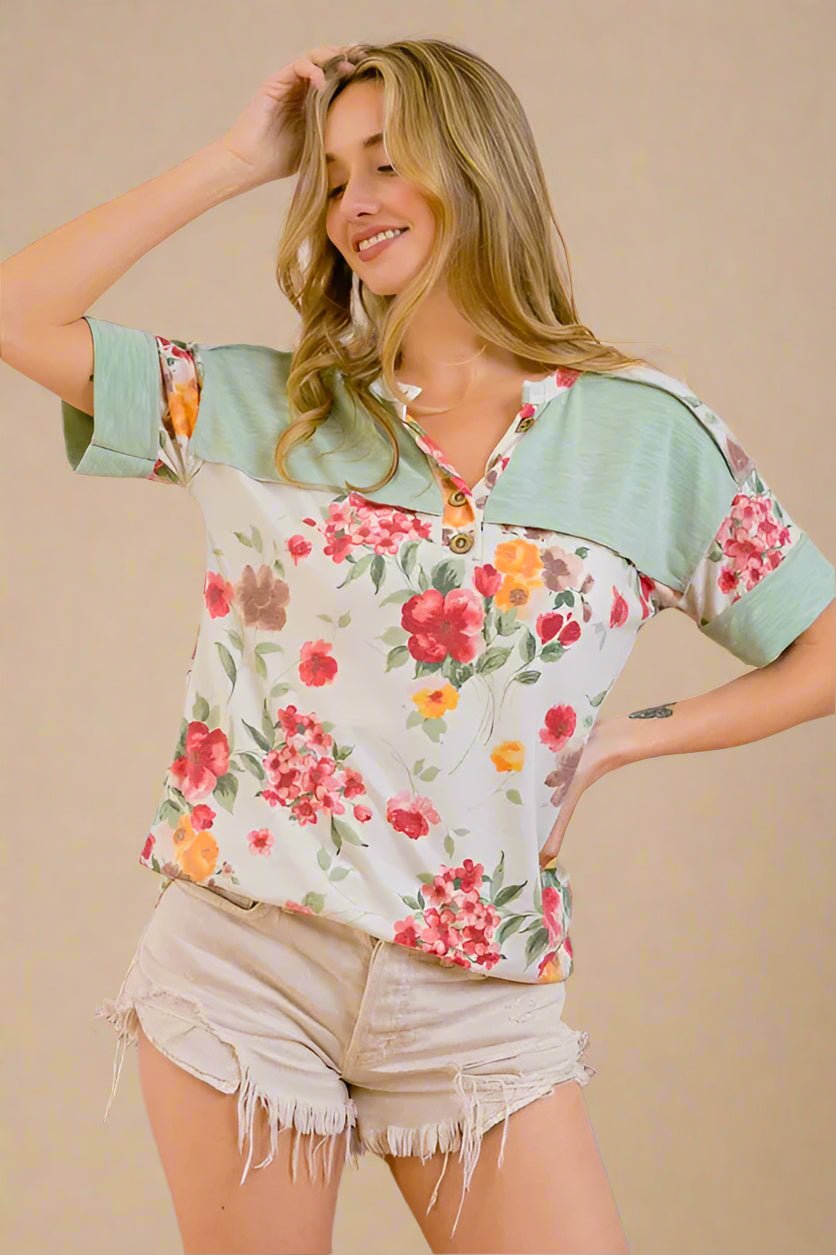 BiBi - Sage & Floral Patch Henley Tee