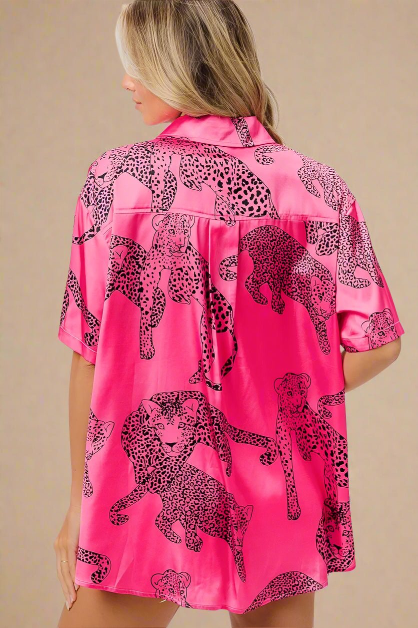 BiBi - Satin Leopard Print Button - Up Shirt in Hot Pink