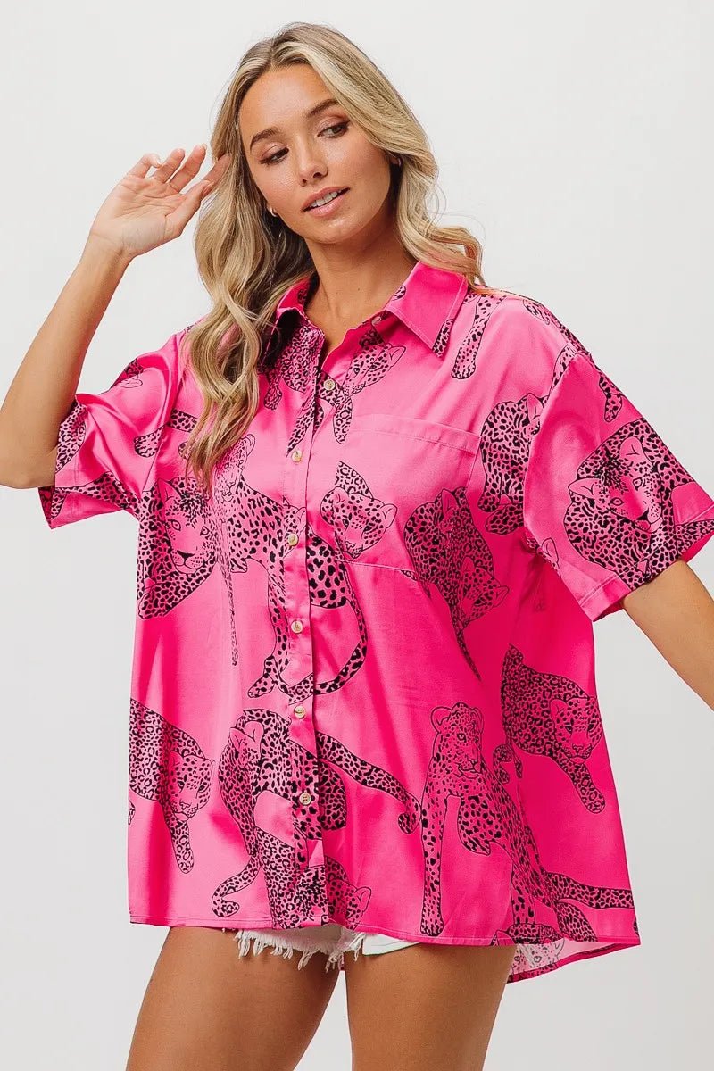BiBi - Satin Leopard Print Button - Up Shirt in Hot Pink
