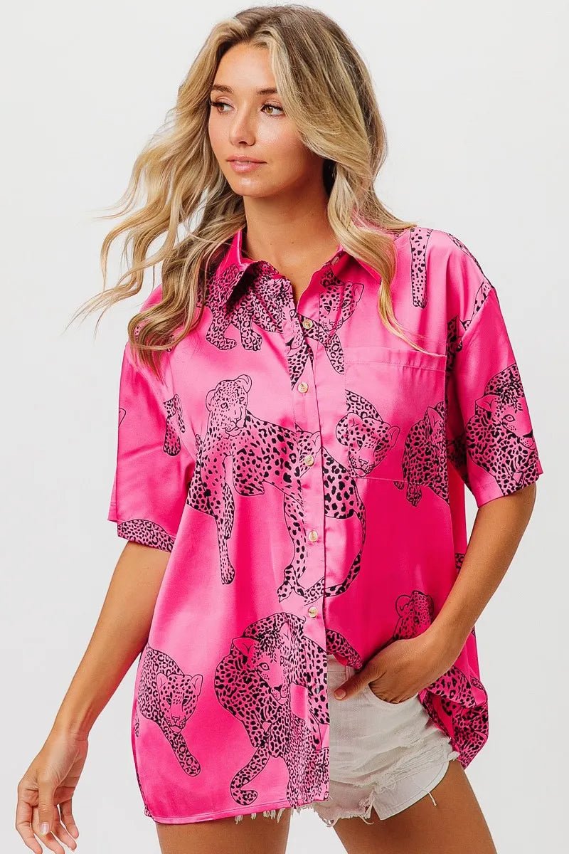 BiBi - Satin Leopard Print Button - Up Shirt in Hot Pink