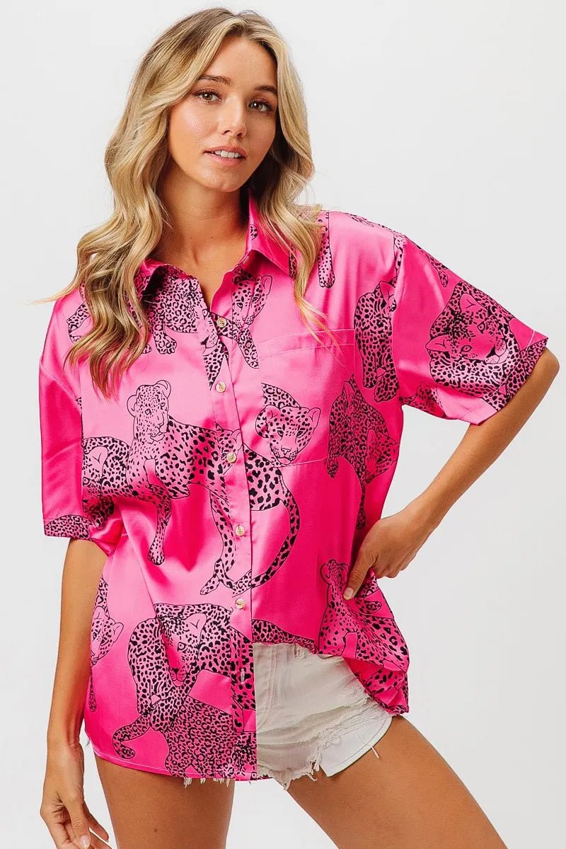 BiBi - Satin Leopard Print Button - Up Shirt in Hot Pink
