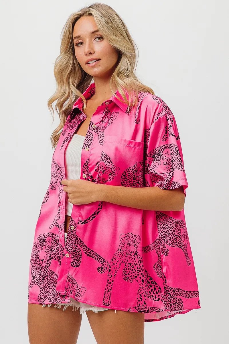 BiBi - Satin Leopard Print Button - Up Shirt in Hot Pink