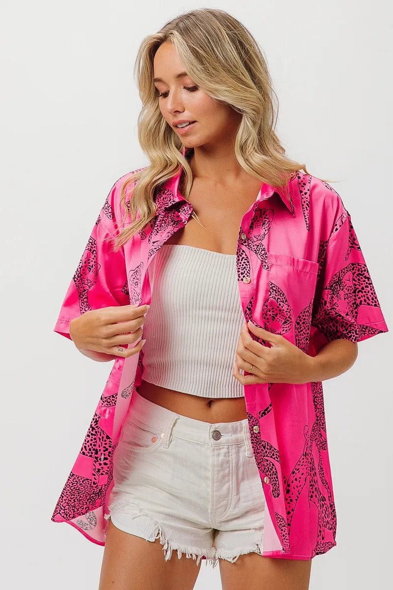 BiBi - Satin Leopard Print Button - Up Shirt in Hot Pink