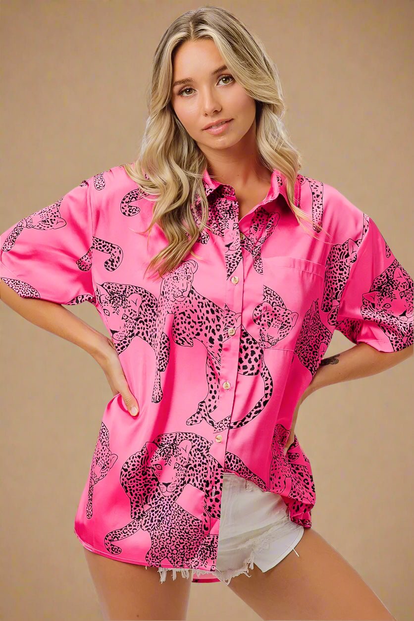 BiBi - Satin Leopard Print Button - Up Shirt in Hot Pink