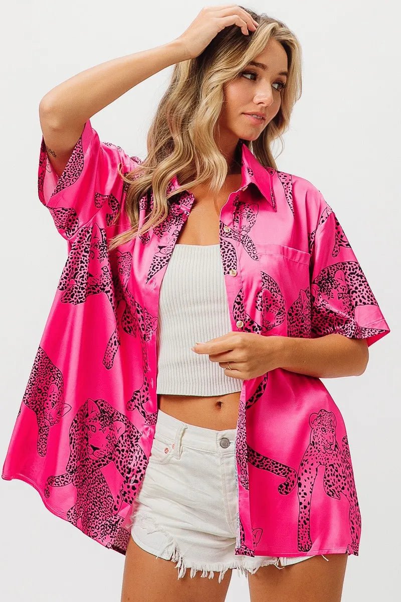 BiBi - Satin Leopard Print Button - Up Shirt in Hot Pink