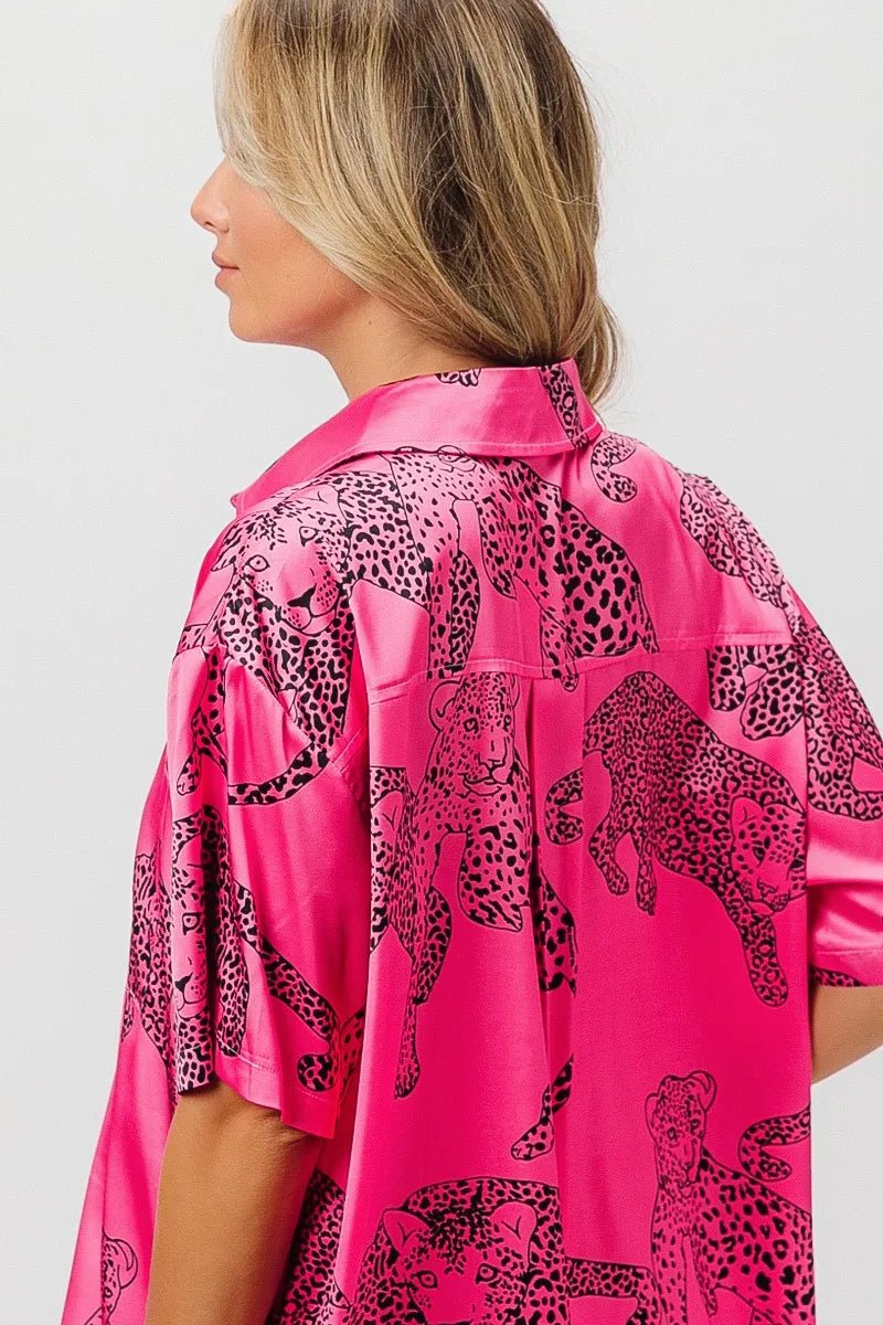 BiBi - Satin Leopard Print Button - Up Shirt in Hot Pink