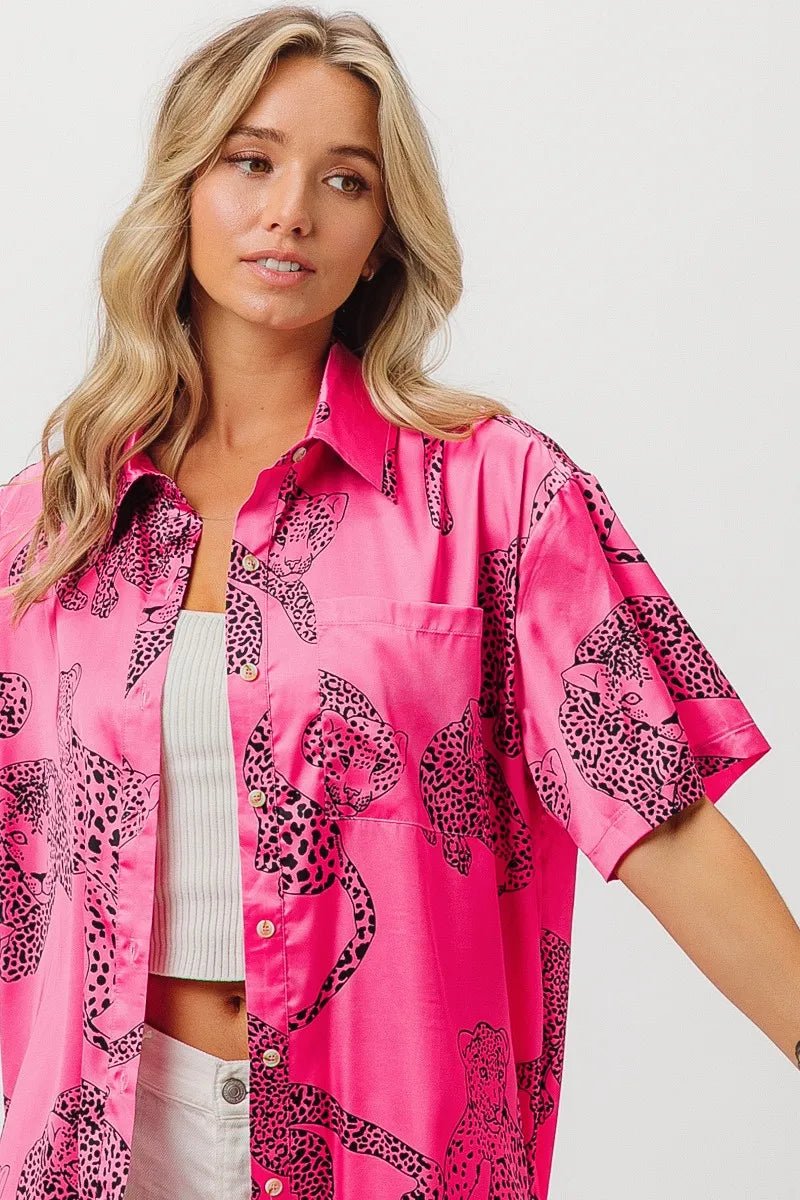 BiBi - Satin Leopard Print Button - Up Shirt in Hot Pink
