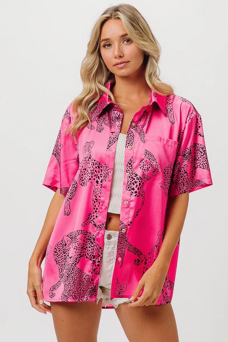 BiBi - Satin Leopard Print Button - Up Shirt in Hot Pink