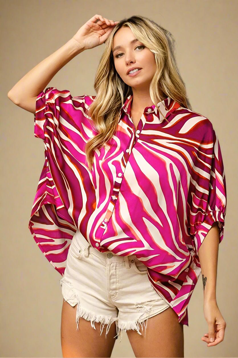 BiBi - Satin Zebra Print Button Down – Fuchsia & Tangerine