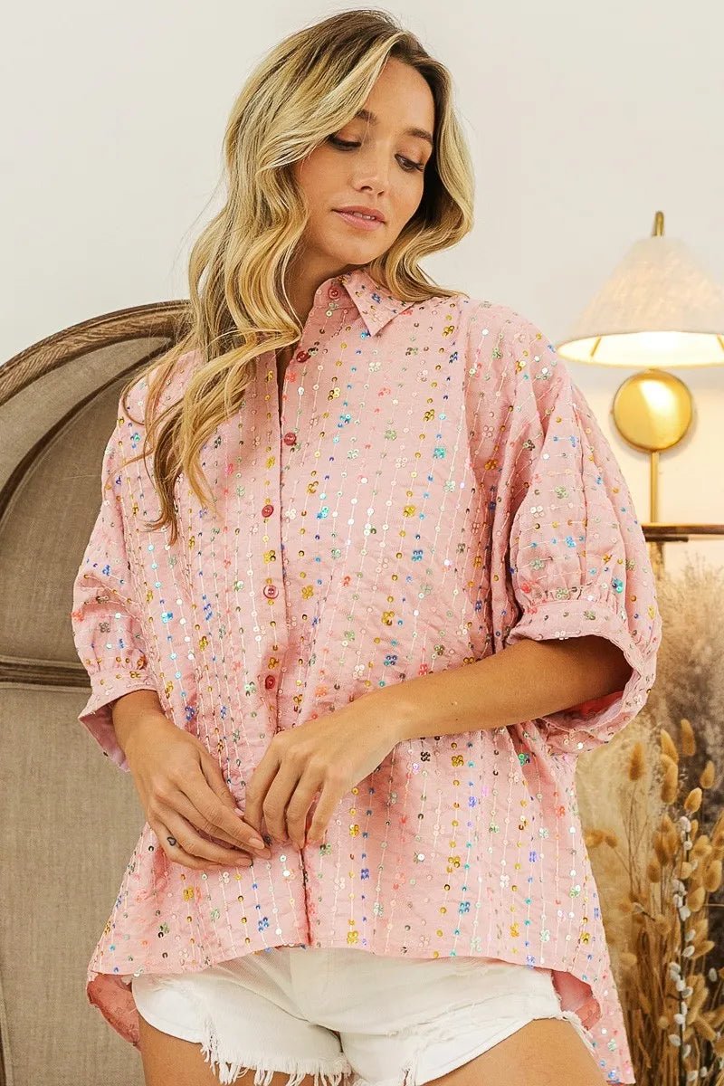 BiBi - Sequin Embellished Button Down Top – Blush Pink