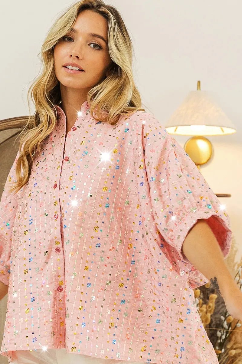 BiBi - Sequin Embellished Button Down Top – Blush Pink