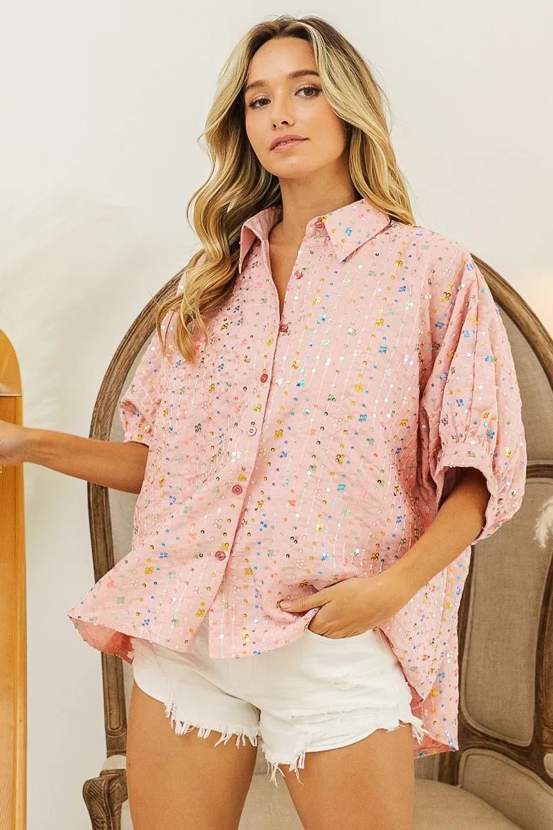 BiBi - Sequin Embellished Button Down Top – Blush Pink