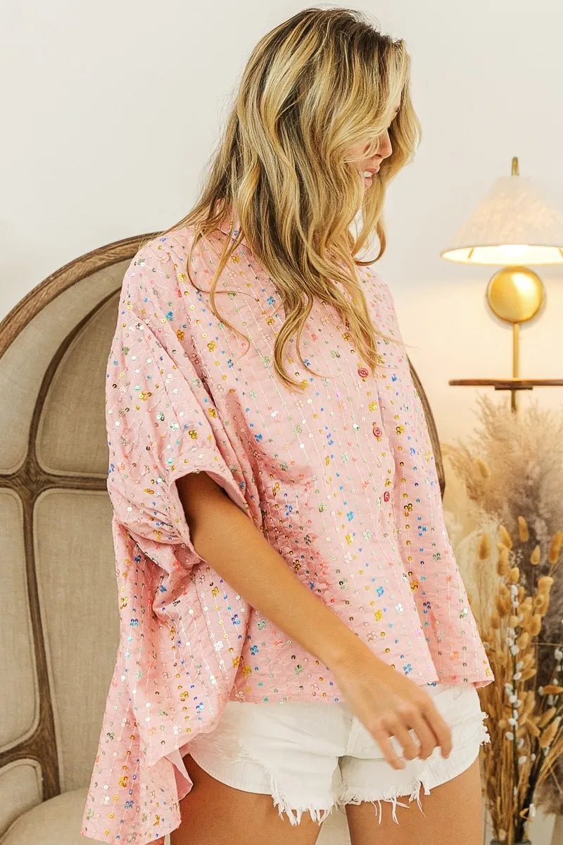BiBi - Sequin Embellished Button Down Top – Blush Pink
