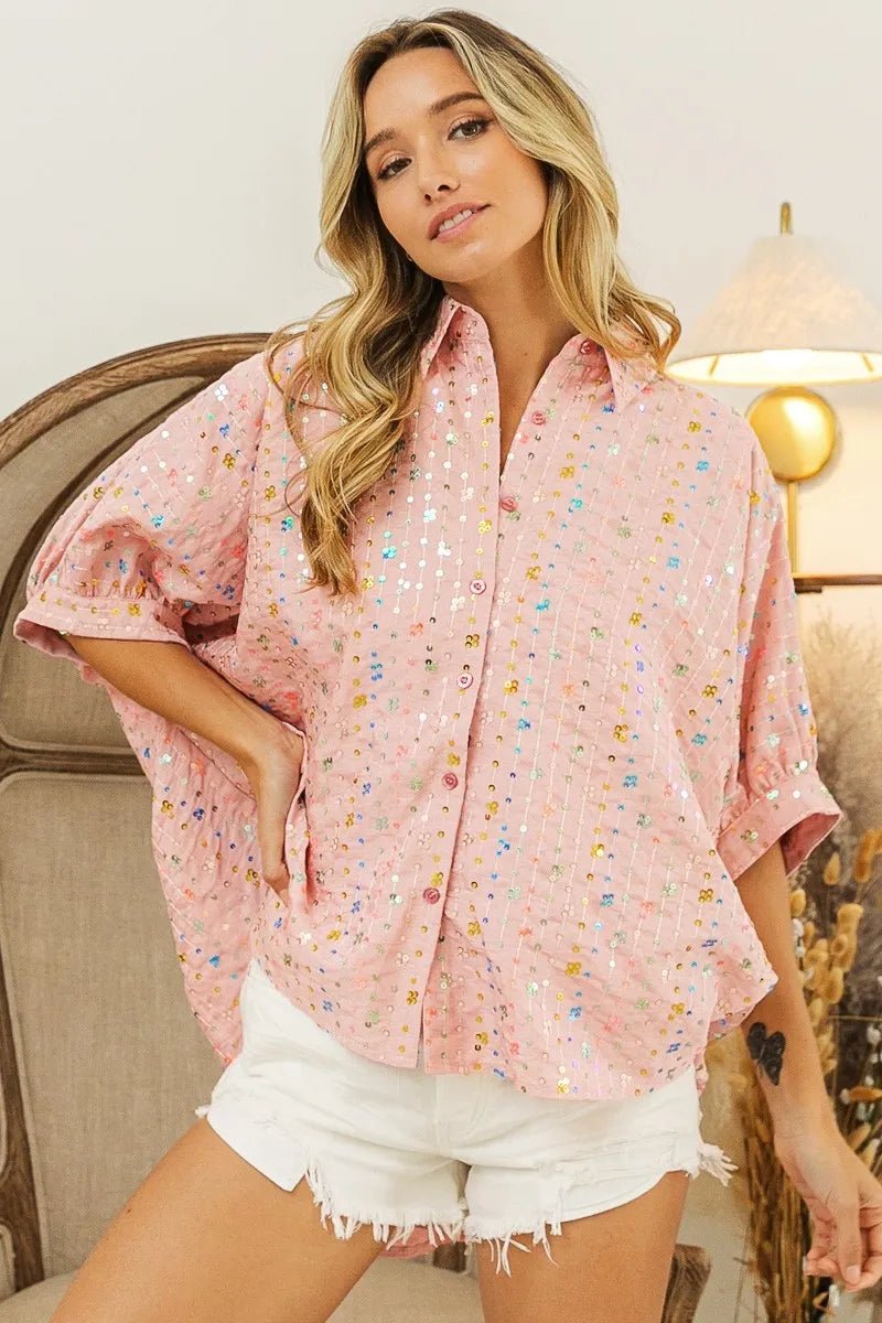 BiBi - Sequin Embellished Button Down Top – Blush Pink