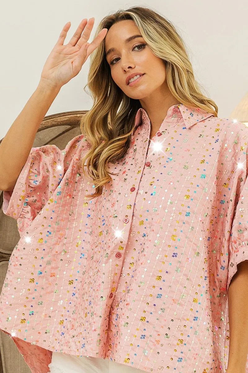 BiBi - Sequin Embellished Button Down Top – Blush Pink