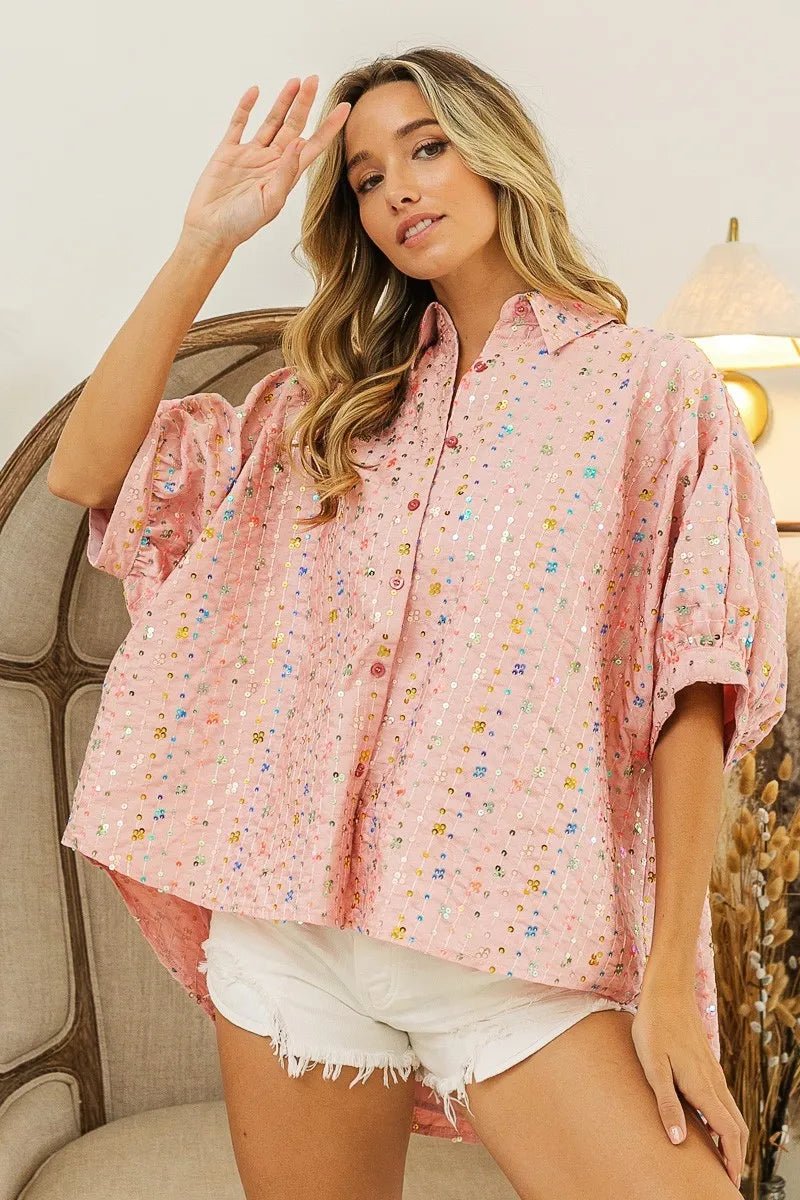 BiBi - Sequin Embellished Button Down Top – Blush Pink