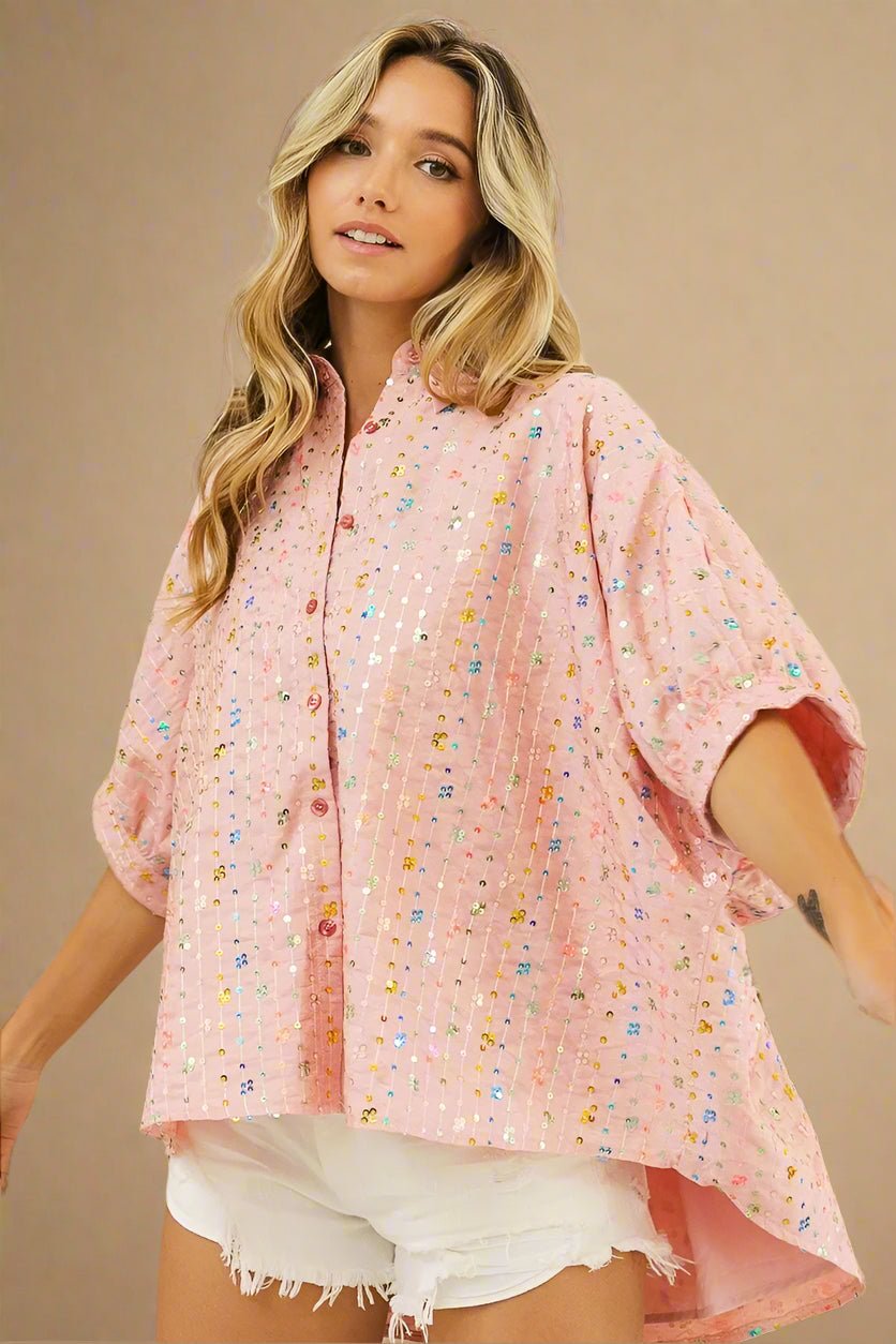 BiBi - Sequin Embellished Button Down Top – Blush Pink