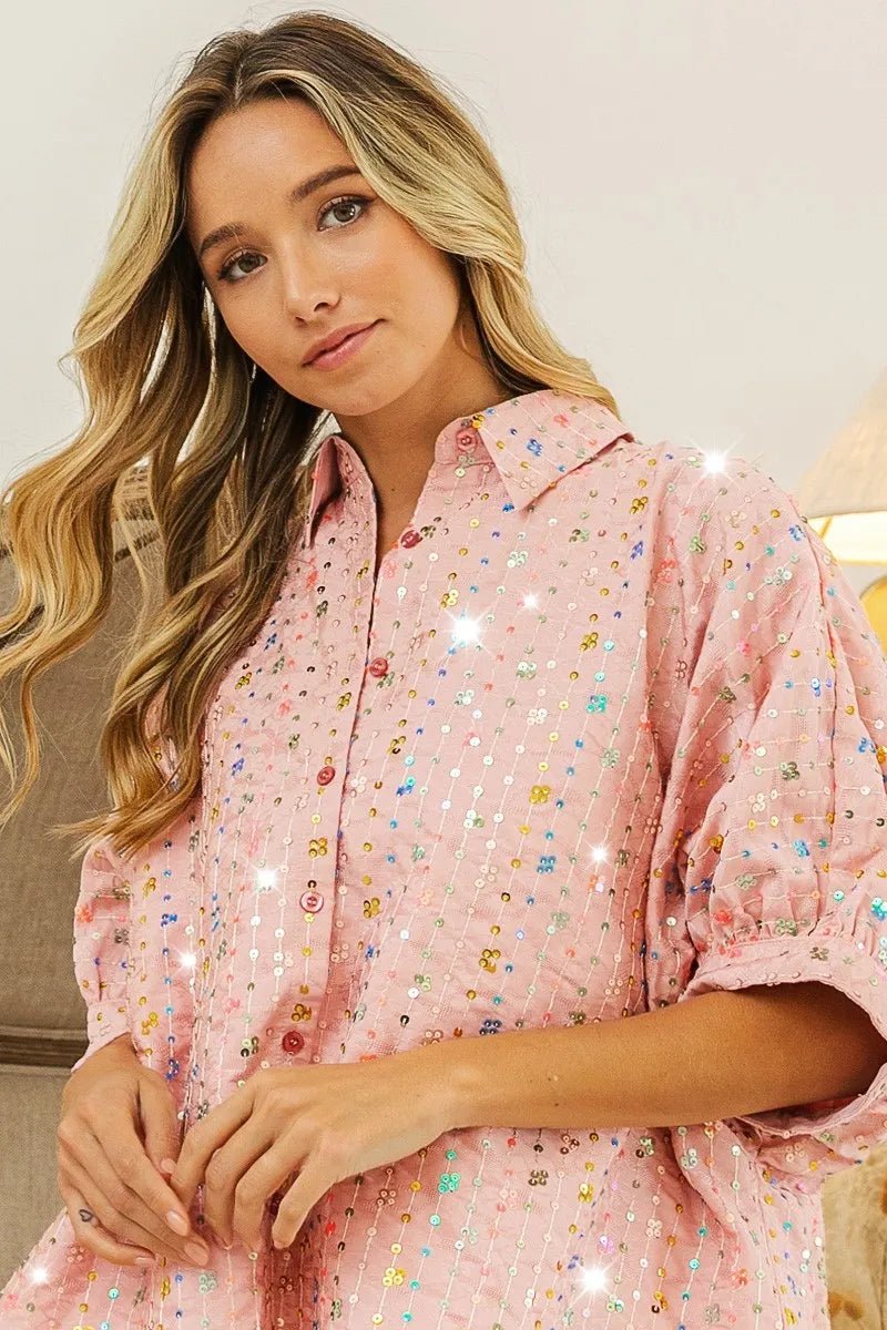 BiBi - Sequin Embellished Button Down Top – Blush Pink