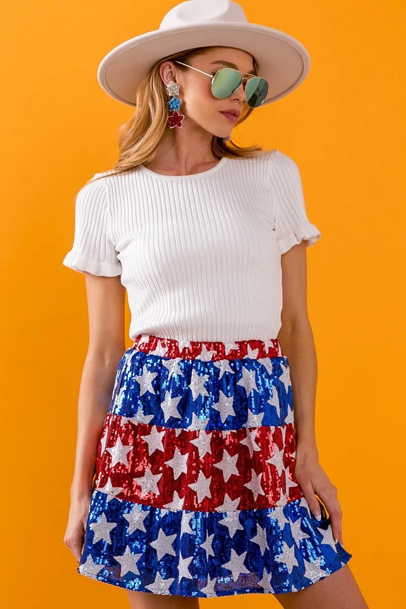 BiBi - Sequin Star Striped Mini Skirt in Red, White & Blue