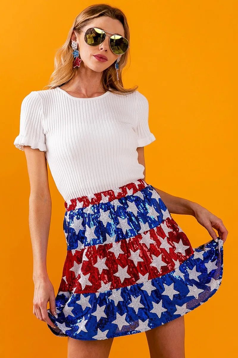 BiBi - Sequin Star Striped Mini Skirt in Red, White & Blue
