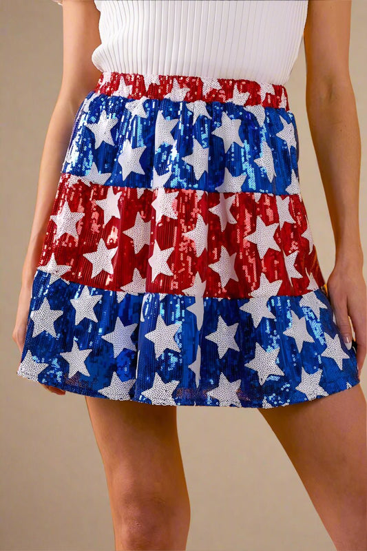 BiBi - Sequin Star Striped Mini Skirt in Red, White & Blue