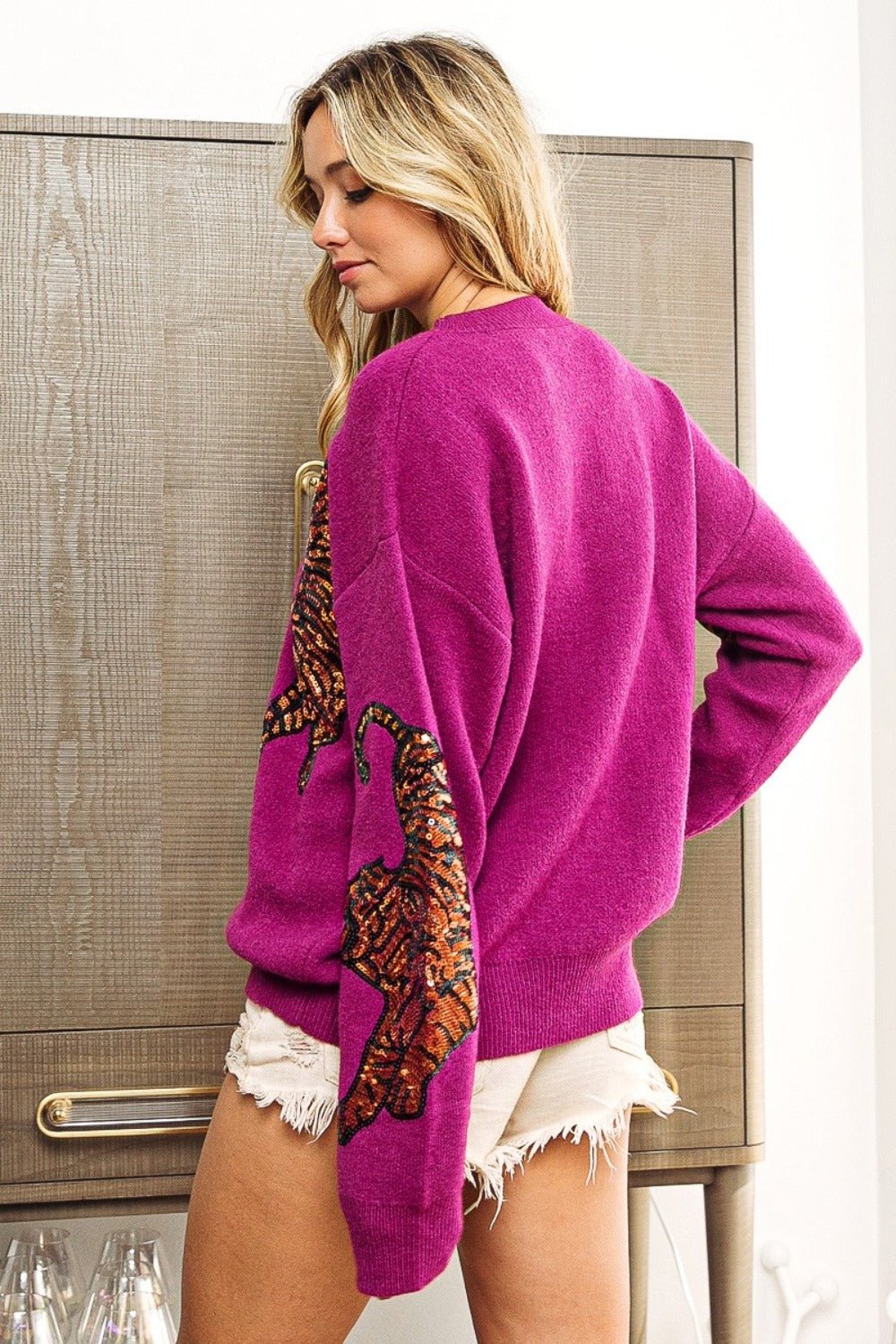 BiBi - Sequin Tiger Embroidered Sweater in Plum