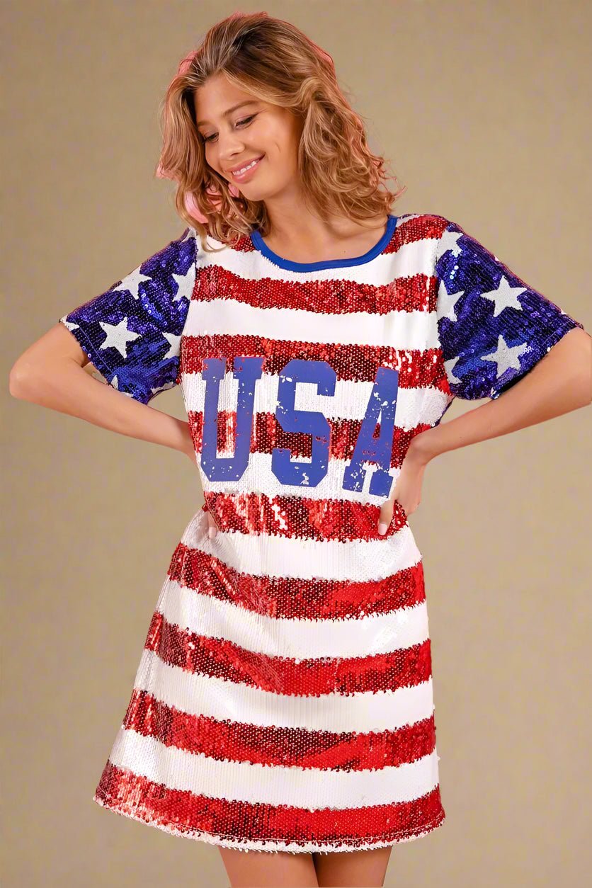 BiBi - Sequin USA Mini Dress in Red & Royal Blue