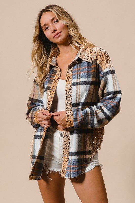 BiBi - Sequins & Plaid Button Up Shacket in Latte