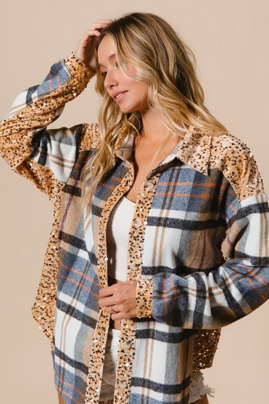 BiBi - Sequins & Plaid Button Up Shacket in Latte